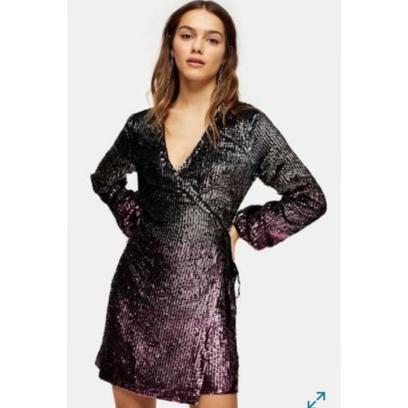 Topshop Ombre Sequin Long Sleeve Wrap Minidress 2 - Picture 1 of 4